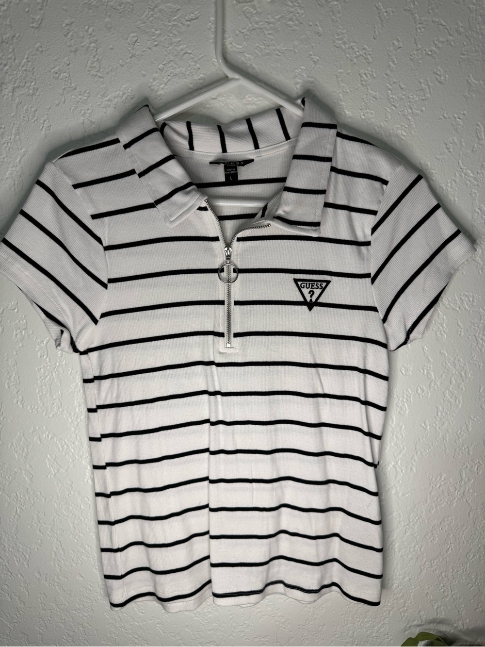 GUESS White & Black Striped Zip-Collar Polo Tee